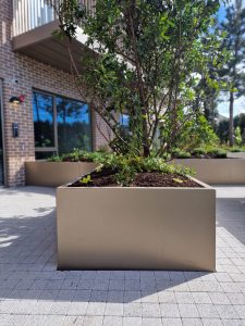 Feature Planter in Pearl Beiged with long curves and modular used to define recreational space