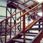 External industrial stairs in production, assembled for quality checks before galvanising